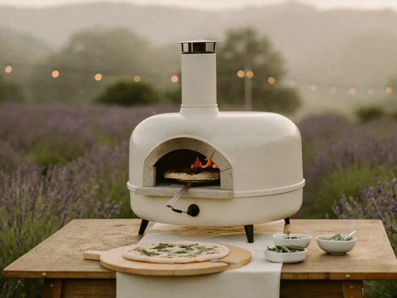 De oven op een tafel in het lavendelveld, met een pizza die erin bakt.