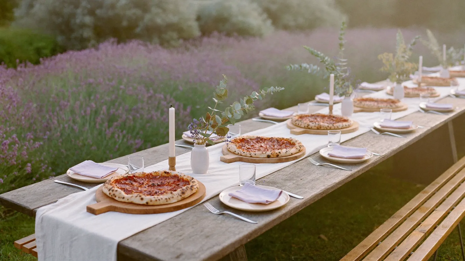Een lange feesttafel met linnen loper en verse pizza&rsquo;s, midden in een lavendelveld.